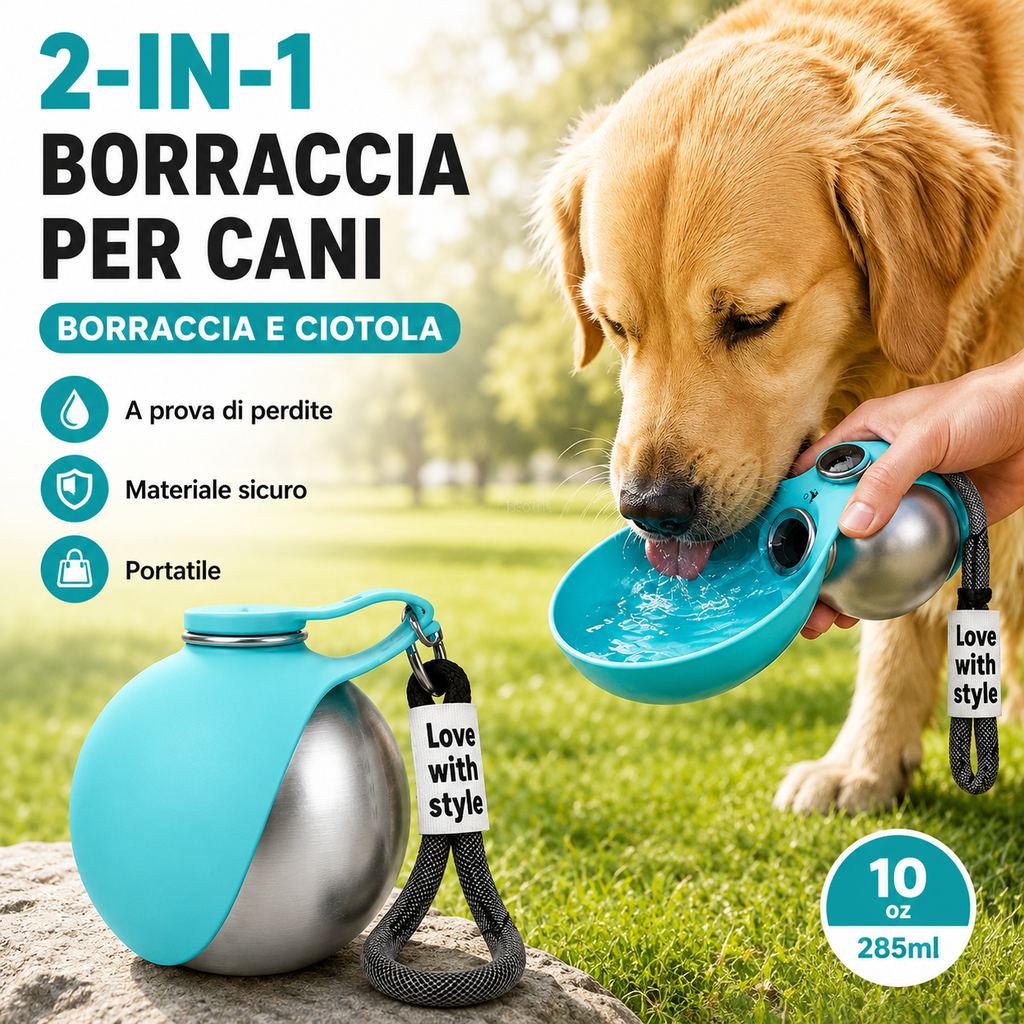 Borraccia per Cani Portatile 2 in 1 – Bottiglia e Ciotola per Passeggiata, Trekking e Viaggio | LUNOA