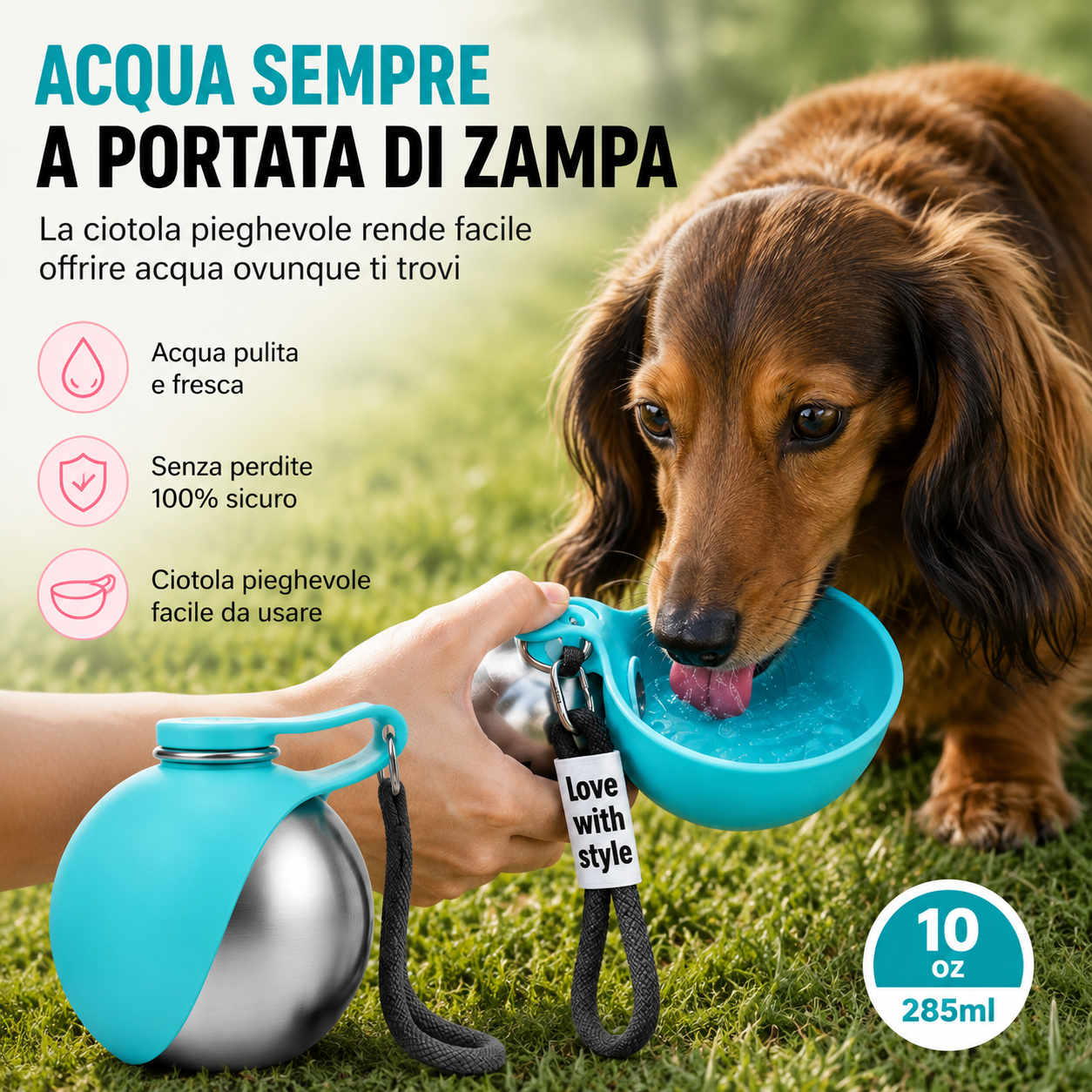 Borraccia per Cani Portatile 2 in 1 – Bottiglia e Ciotola per Passeggiata, Trekking e Viaggio | LUNOA